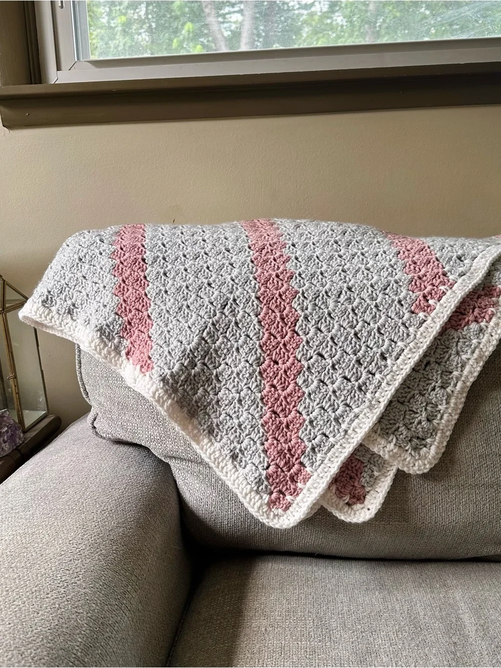 Hand Crocheted Gray Throw Blanket w Pink Accent Stripes White Border Baby Crib